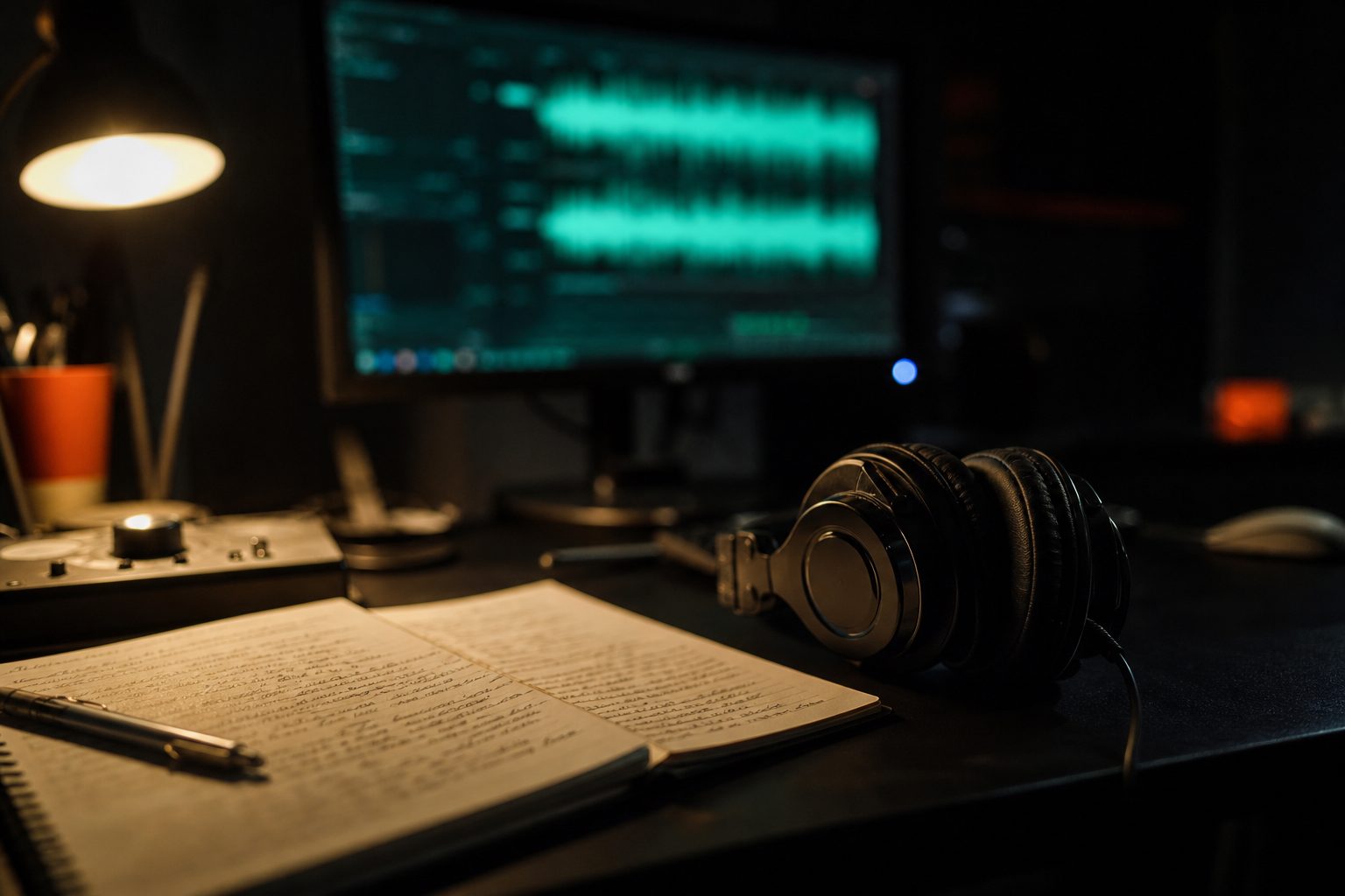 Headphones and a timecode notebook on a dim editing desk lit by the teal glow of a turned monitor