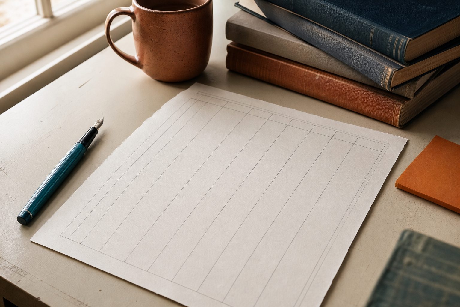 A hand ruled rate sheet on a cream desk with a teal fountain pen, terracotta mug and worn dictionaries