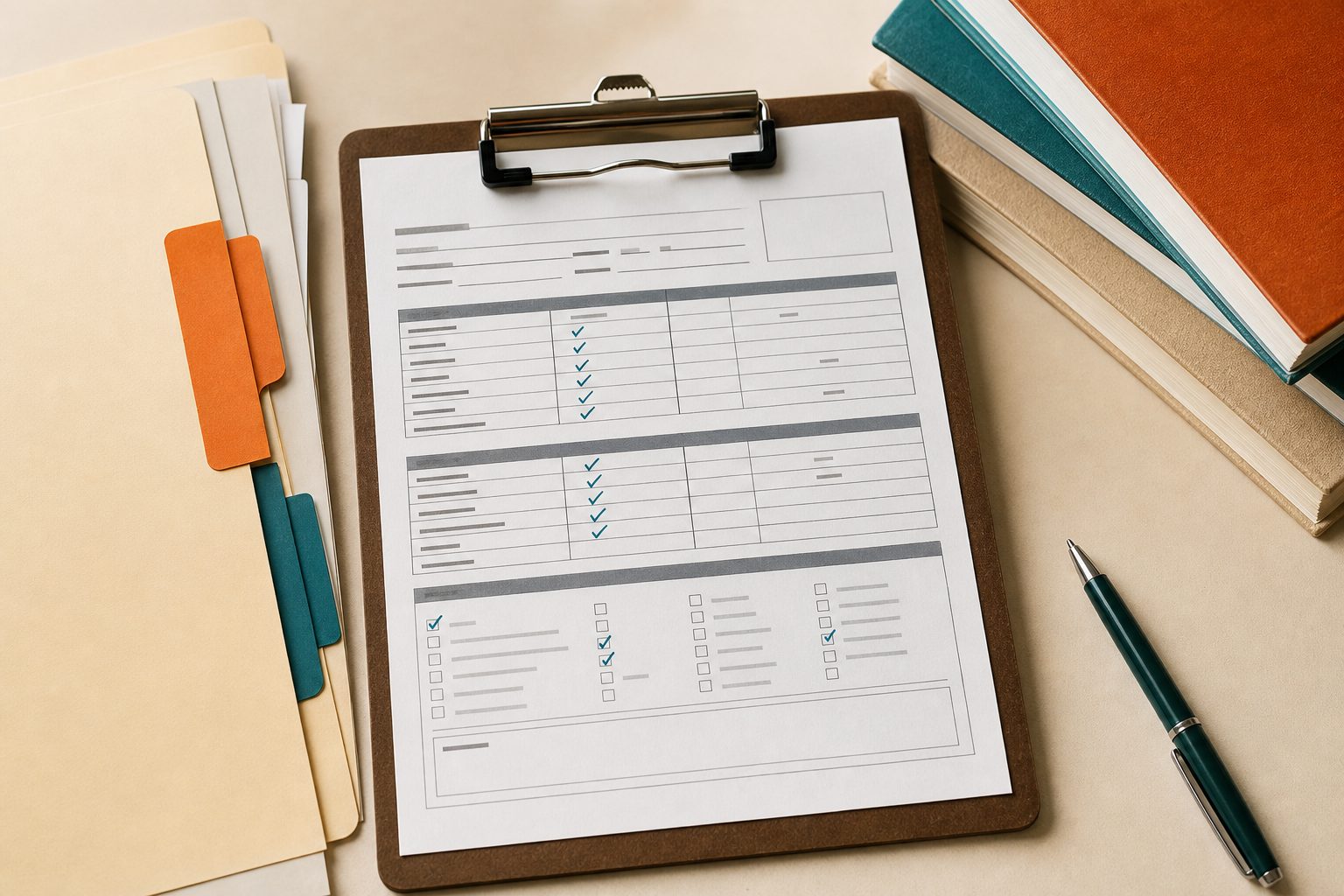 A clipboard with a checked intake form on a cream desk beside orange and teal folder tabs