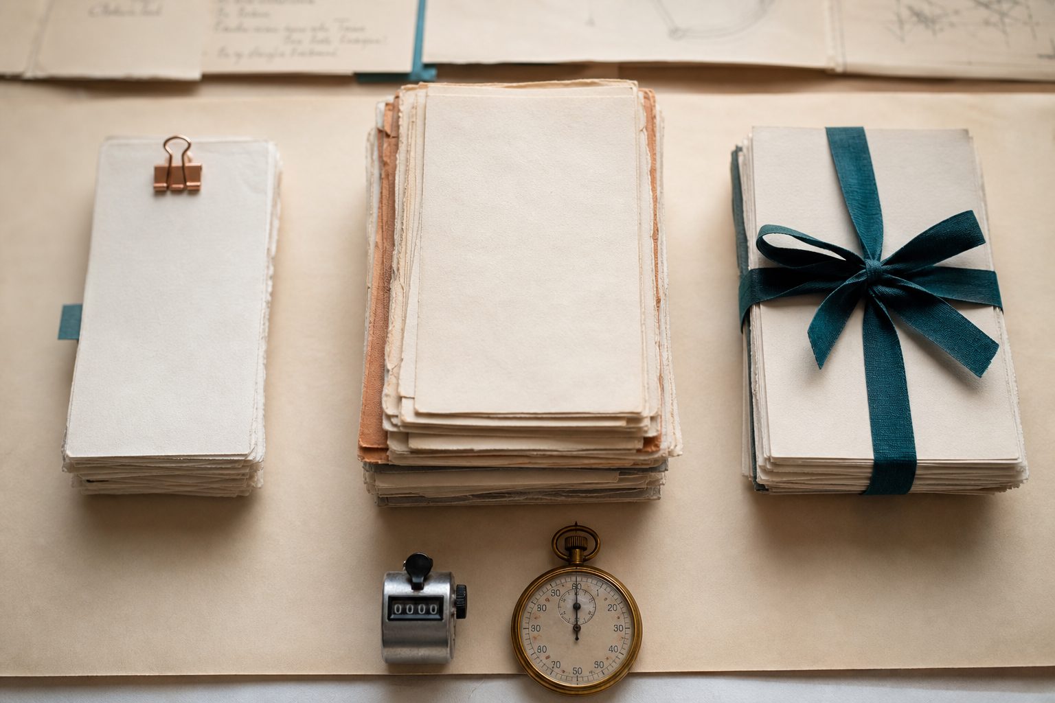 Three paper stacks of different sizes on a cream desk with a brass stopwatch and a mechanical counter