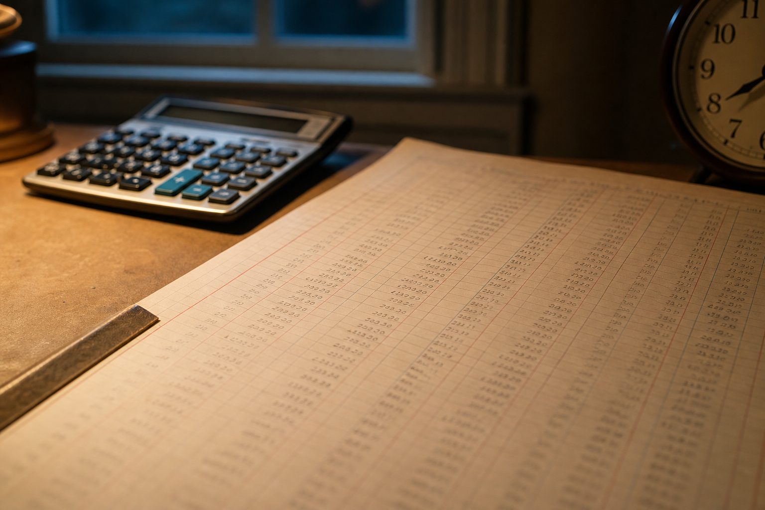A hand ruled paper ledger and slim calculator on a cream desk under evening lamp light