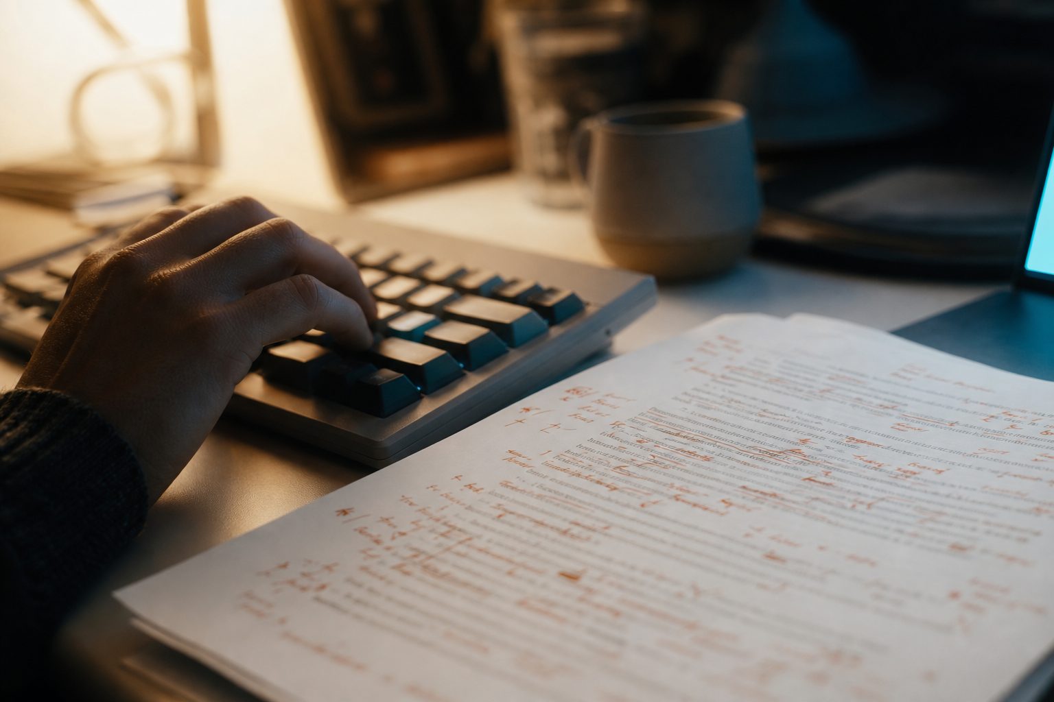A hand at a keyboard beside a printed page covered in orange pen corrections under cool screen light