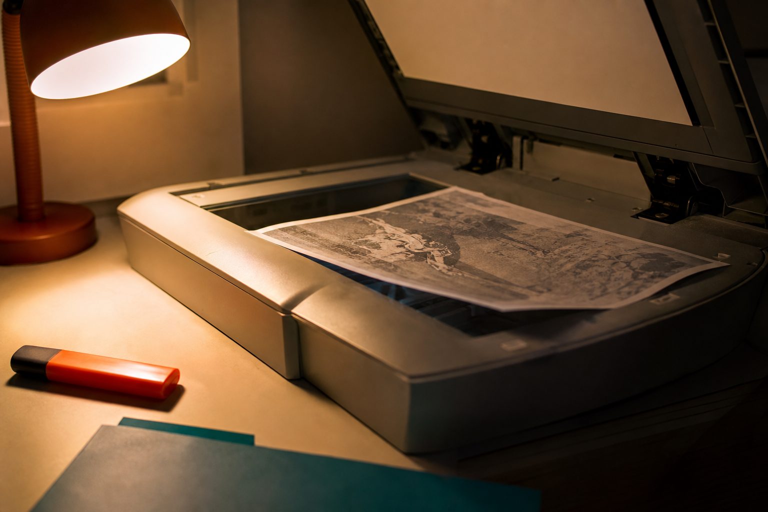 A curled photocopy in an open flatbed scanner under a warm desk lamp beside an orange highlighter