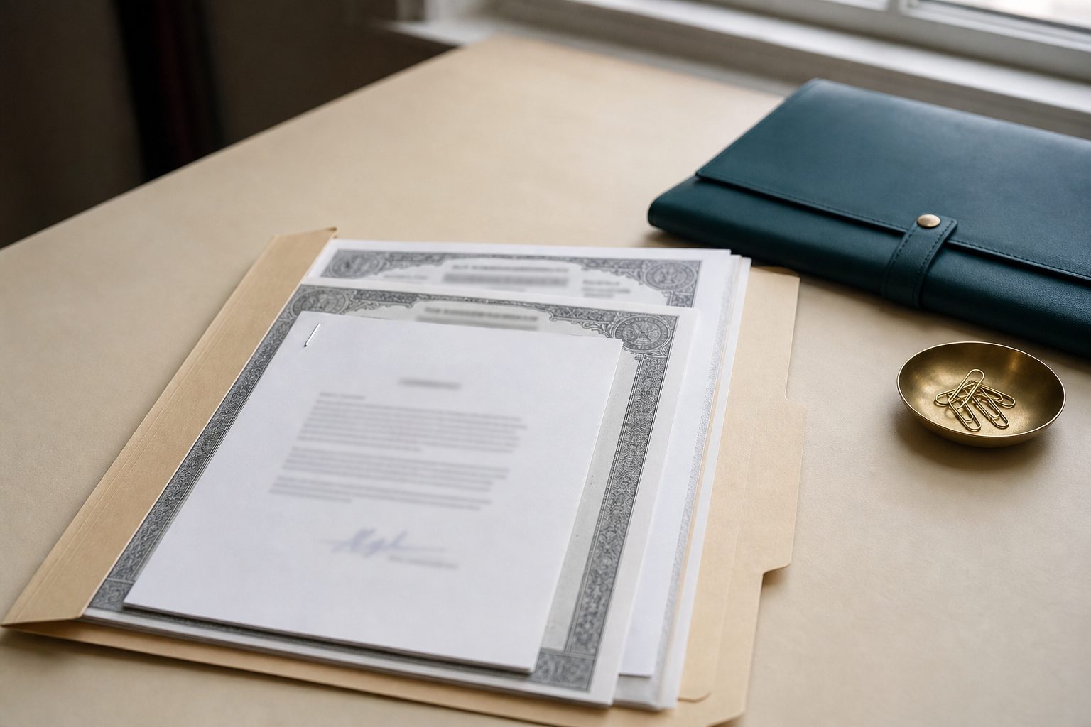 A manila folder of record photocopies and a signed certification page beside a teal document wallet