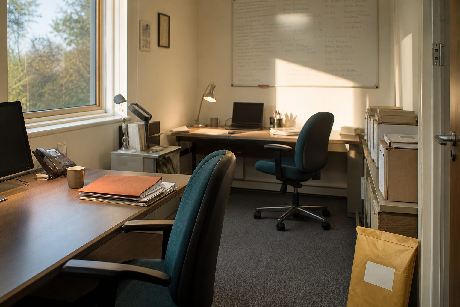 A small two desk translation office with a whiteboard of job lines and a courier envelope by the door