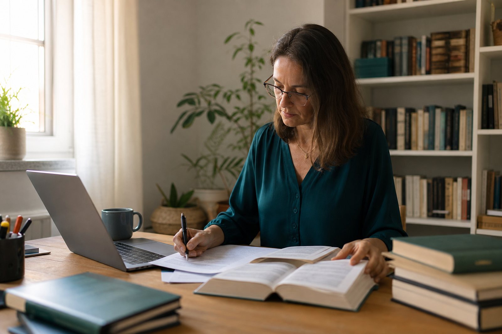 Freelance translator working at a home office desk with a laptop, an open bilingual dictionary and printed source pages in warm afternoon light