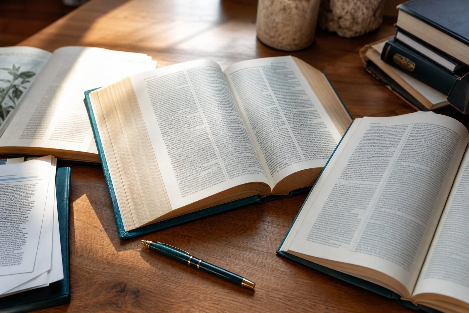 Open dictionaries, printed manuscript pages and a fountain pen resting on a wooden desk in warm afternoon light
